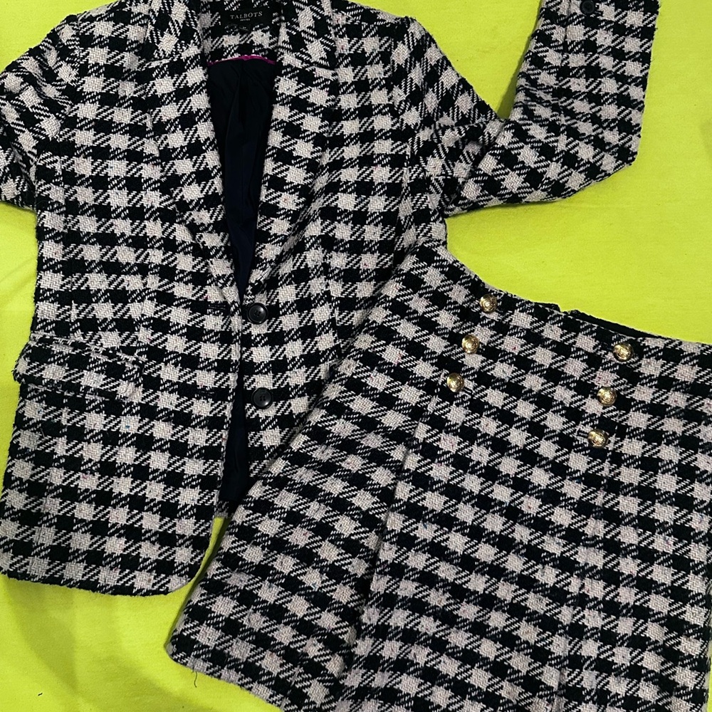 Talbots Black and White Houndstooth Blazer and Skirt Set